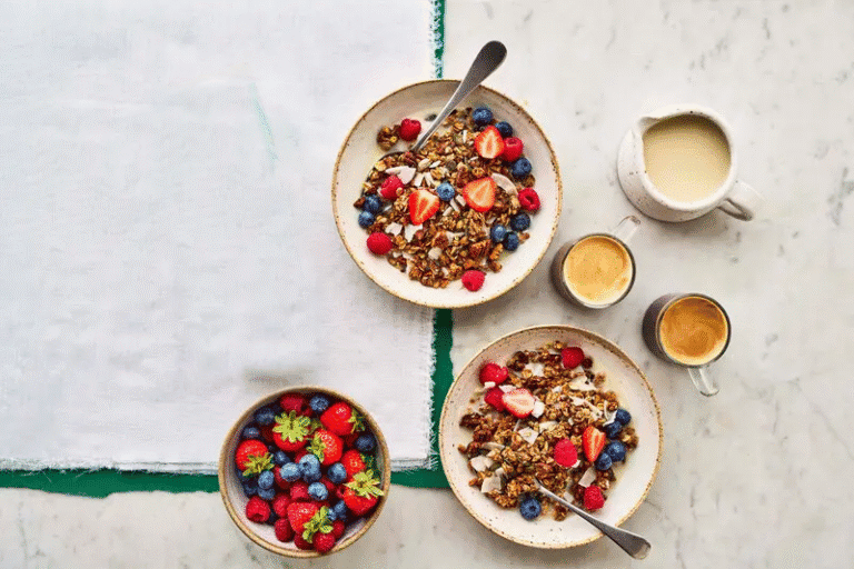 Maple, Pecan and Coconut Granola with Berries